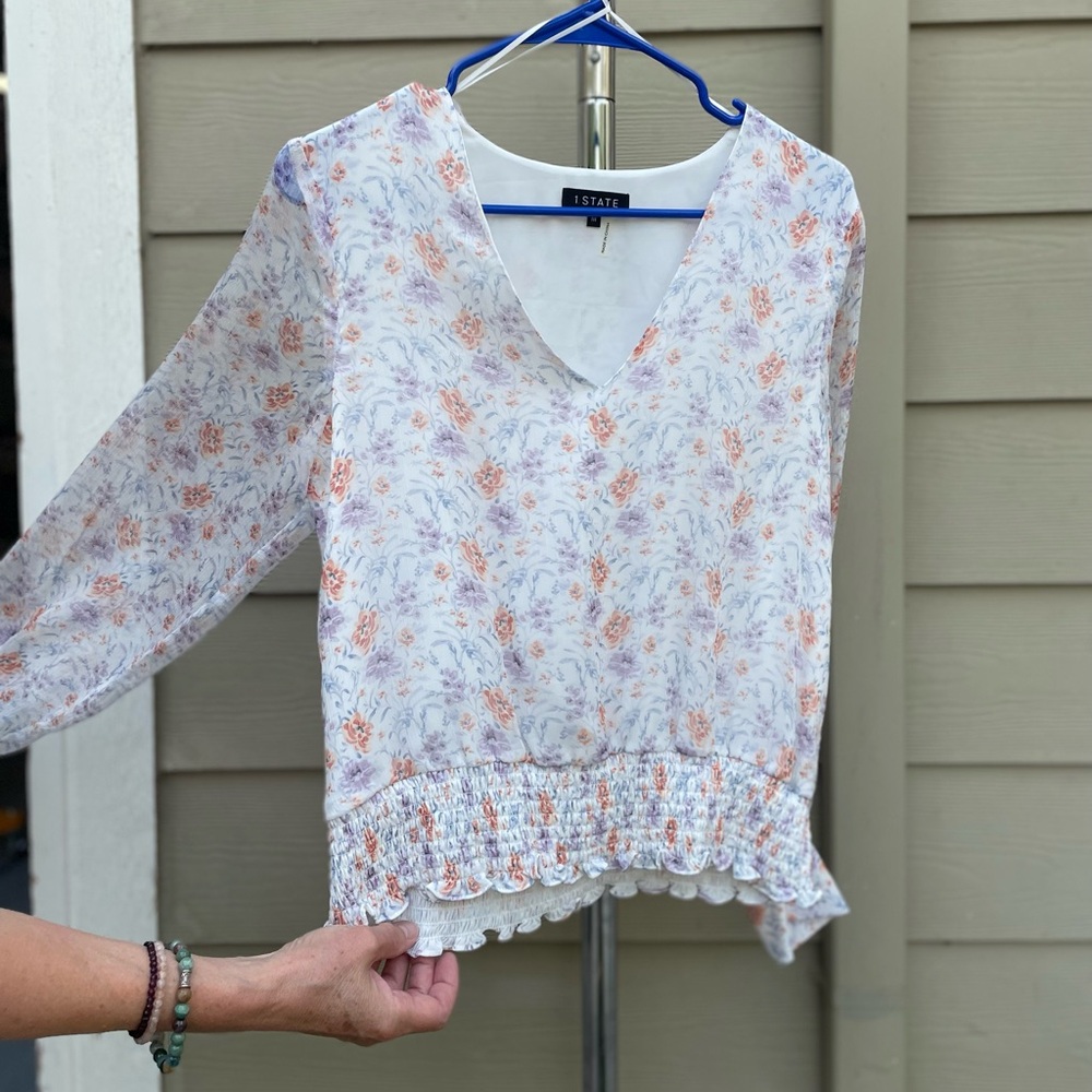 1. State Floral V-Neck Blouse - White and Orange